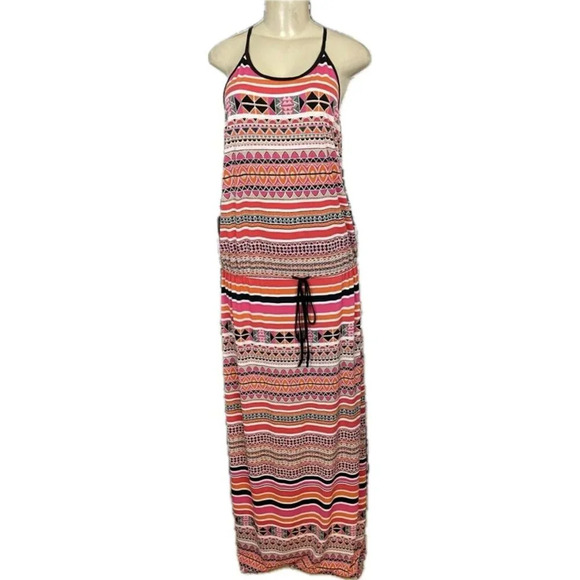 Beige XL Coral Multi Drawstring Scoop Neckline Crisscross Strap Back Maxi Dress - Picture 2 of 6